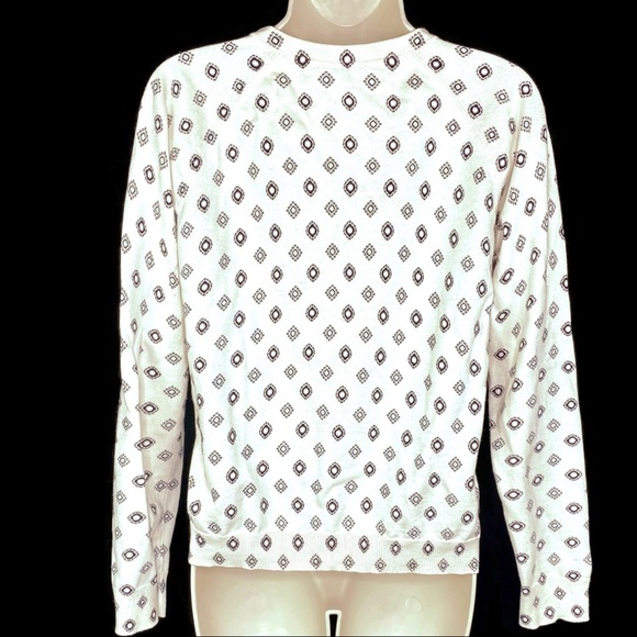 Loft Cream Crew Neck Light Sweater with Ornate Black Pattern. - Picture 2 of 9
